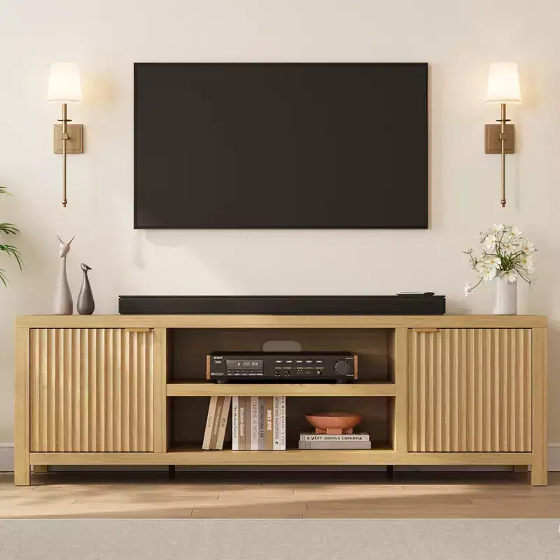 TV Stand with Fluted Doors and 2-Tier Storage for TVs up to 75 Inches