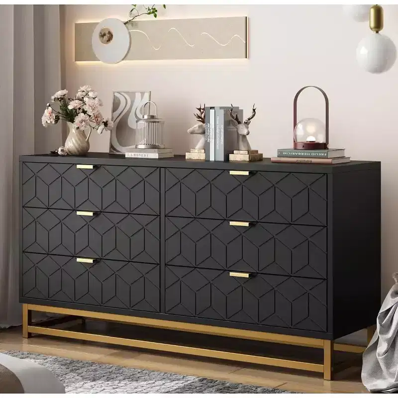 6-Drawer Double Dresser with Gold Handles and Extended Top Surface