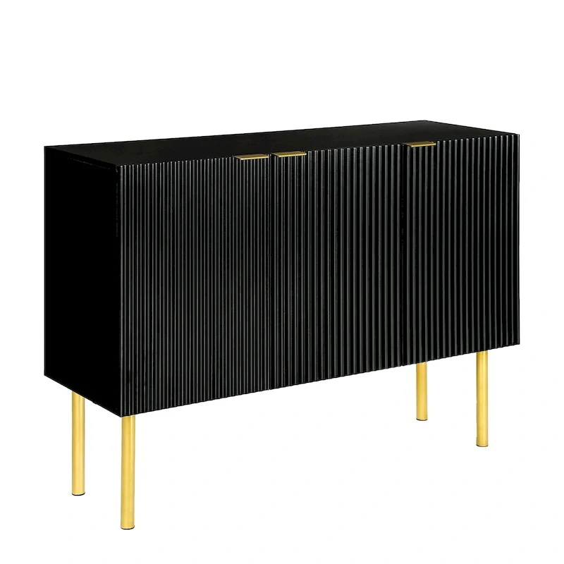 Modern Fluted Sideboard Cabinet with Gold Metal Legs and Adjustable Shelves, Black White