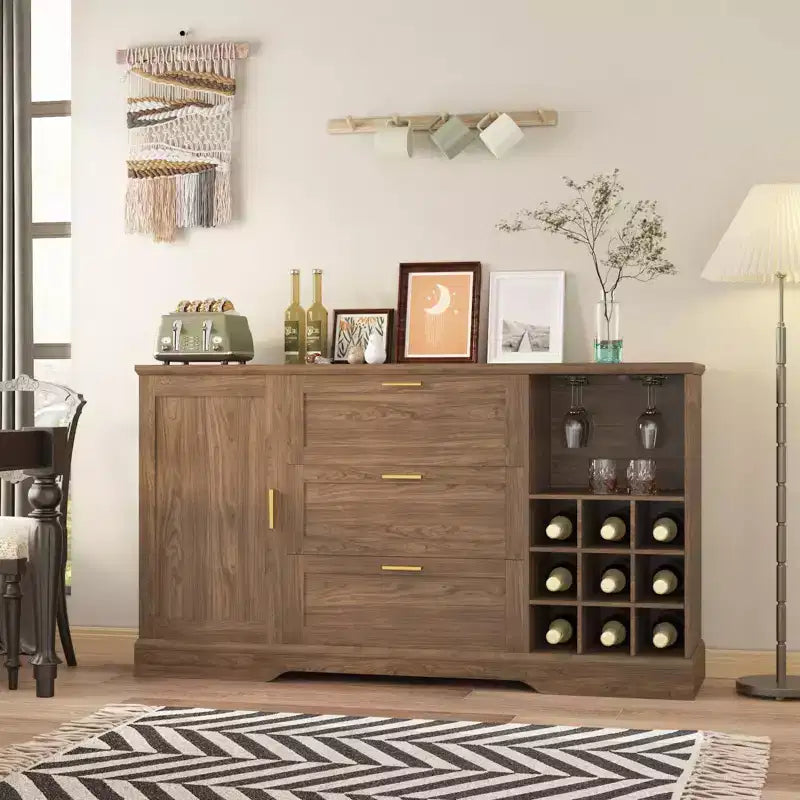 63" Sideboard Buffet Cabinet with 3 Drawers & Wine Rack, Coffee Bar Cabinet, Accent Credenza for Living Room