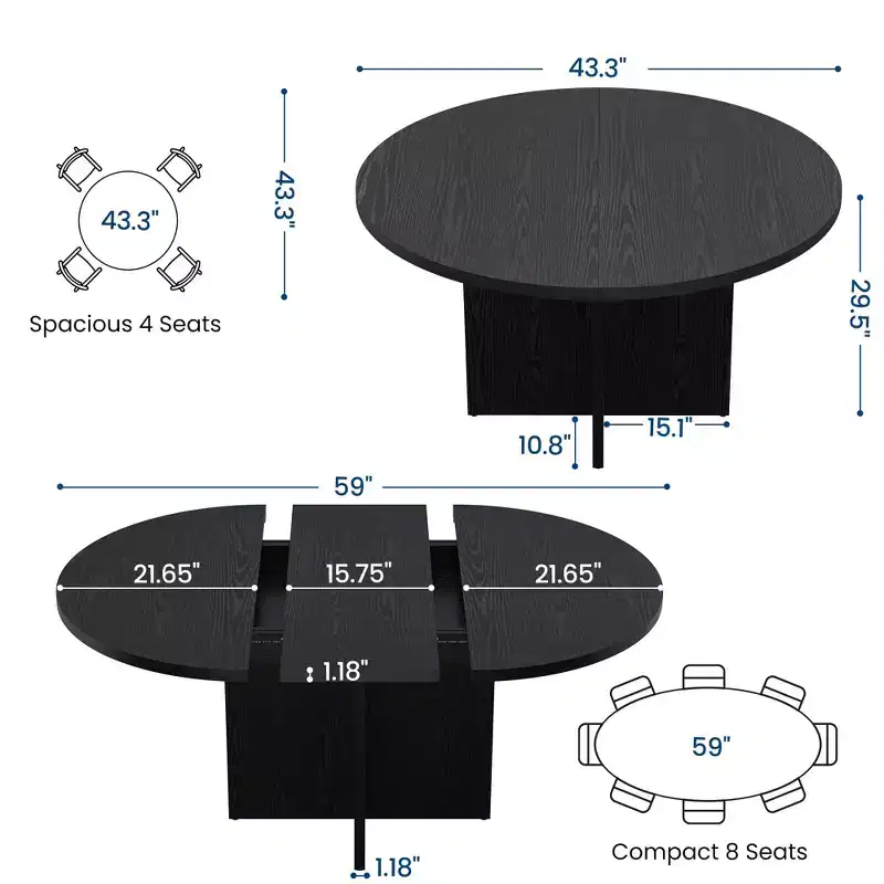 43.3''-59'' Extendable Round Dining Table for 4-8, Modern Kitchen Oval Dining Table with Removable Leaves, Dinner Table for Dining Room, Living Room