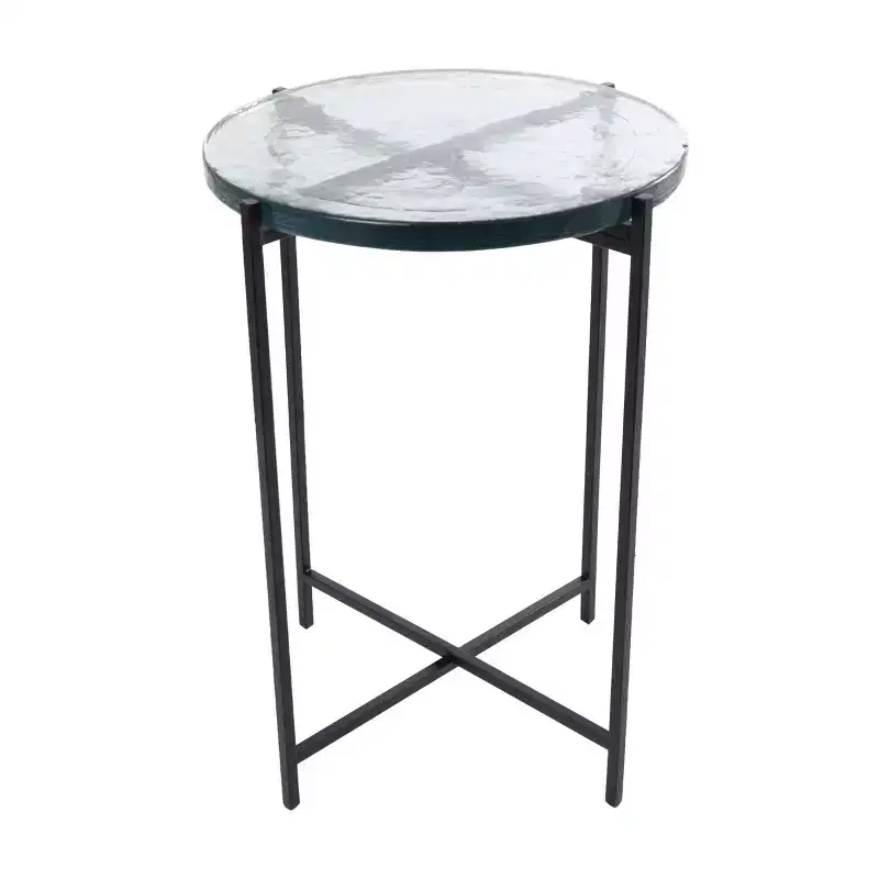 Olivia & May Metal X Shaped Accent Table with Textured Glass Tabletop Black: Contemporary Design, No Assembly Required