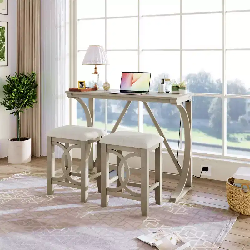JVNOXK Farmhouse-Style 3-Piece Bar-Height Dining Table and Chair Set Features USB Ports and Padded Stools Ideal for Dining Rooms White