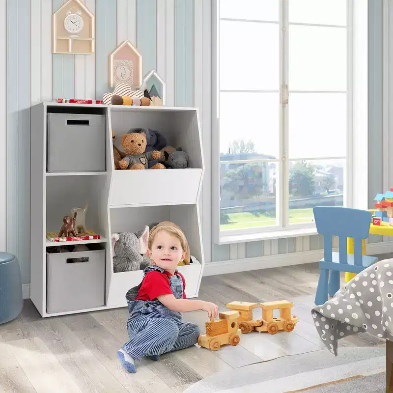 Costway Kids Toy Storage Organizer 5 Cubbies Wooden Bookshelf Display Cabinet w/ Drawers