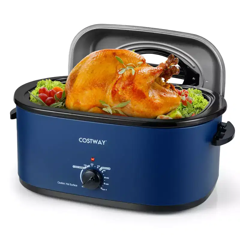 Costway 22 QT Electric Roaster Oven with Visible & Self-Basting Lid, Removable Pan & Rack Navy/Silver/White