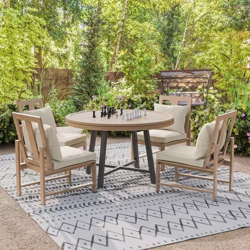 Greemotion 5pc Lyon 3-in-1 Outdoor Convertible Patio Dining Set with Cushioned Chairs Brown: Aluminized, UV-Resistant, 4-Seater