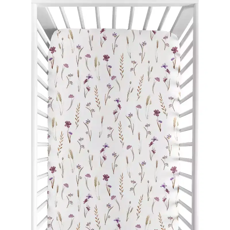 Sweet Jojo Designs Girl Baby Fitted Crib Sheet Watercolor Floral Garden Purple and Taupe