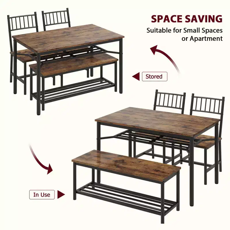 Farmhouse Dining Table Set for 4, Rectangular Dining Room Furniture Set, 2-Person Bench with Storage Rack, Easy Assembly, for Small Space