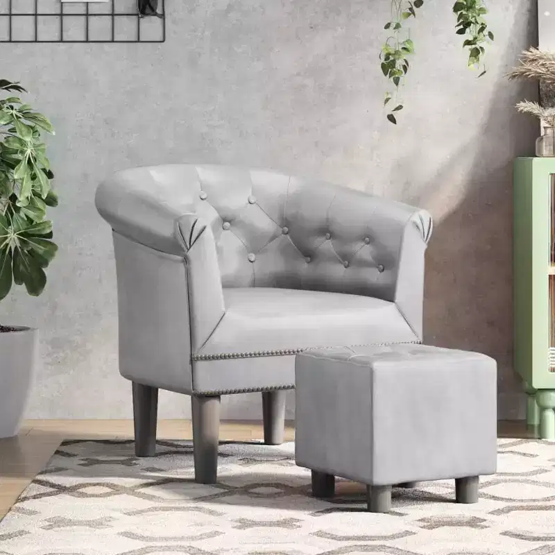 Tub Chair with Footstool �C Silver Faux Leather, Button-Tufted, Pine Wood Frame