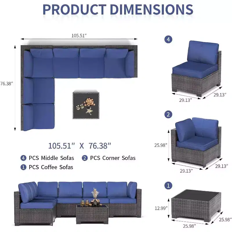 Patio Furniture Set 7 Pieces Outdoor Rattan with Detachable Soft Cushions Patio Conversation Sets Waterproof Patio Sectional Sofa with Glass Top Table