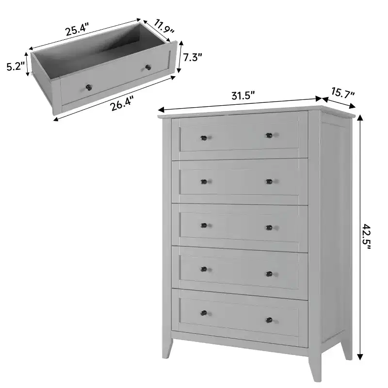 5 Drawer Dresser for Bedroom, Tall Dresser with Deep Drawers & Metal Knobs, Modern Wooden Chests of Drawers for Entryway, Hallway