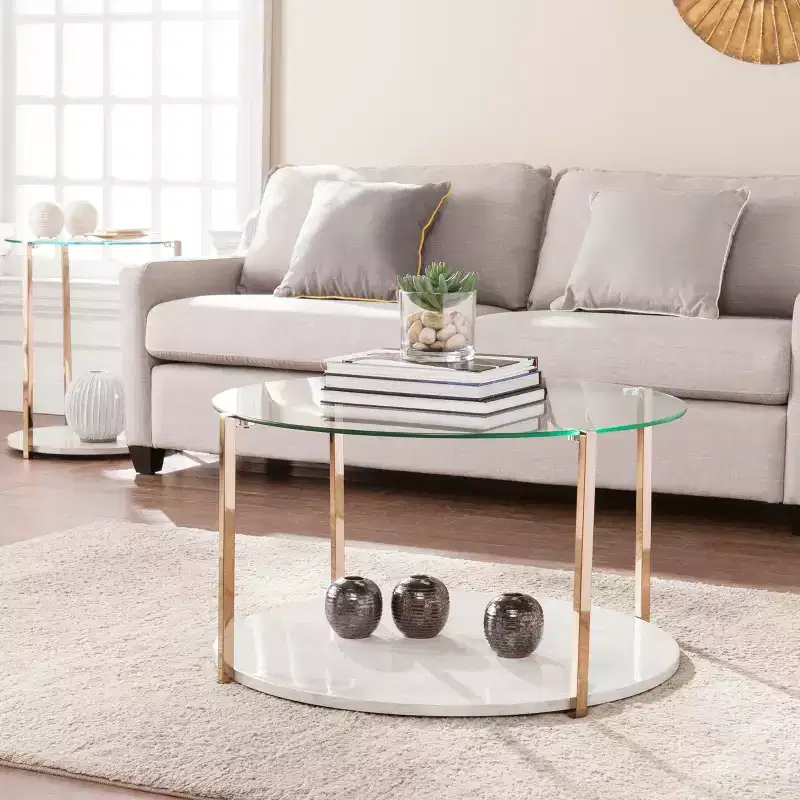 Round Glam Cocktail Coffee Table �C Gold Frame & Tempered Glass Top