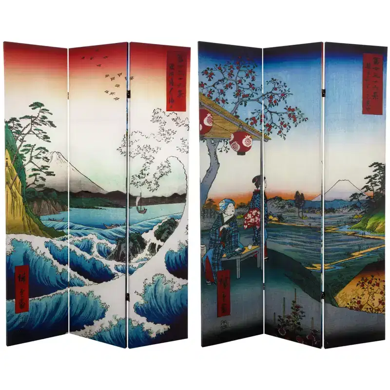 182,9 cm Tall Double-Sided Hiroshige Room Divider �C 3-Panel Folding Privacy Screen