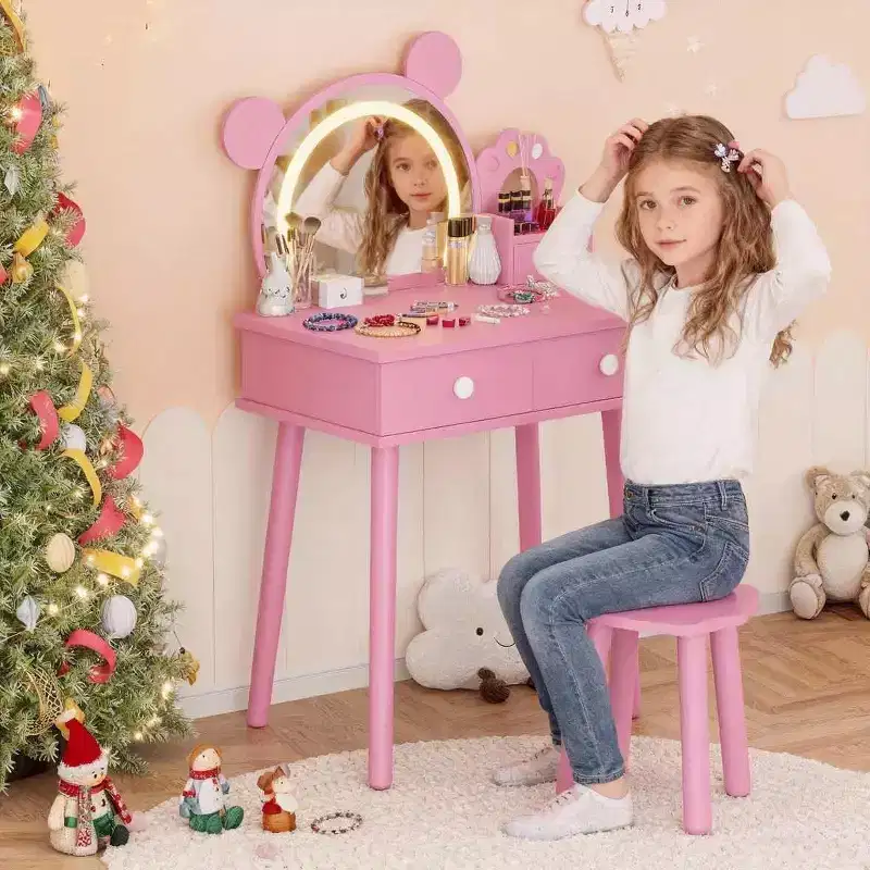 Kids Vanity Table with Lights,Cute Bear Shaped Dressing Tables,Wooden Princess Toddler Make Up Table Set with Storage Drawers &Stool for Little Girls