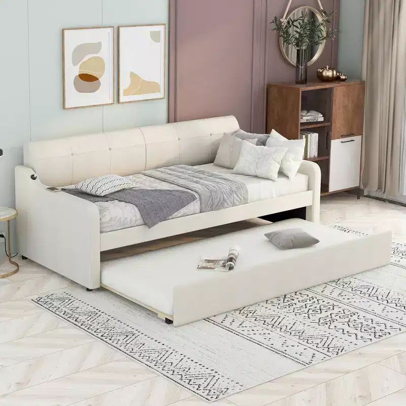 Twin Size Upholstered Daybed with Trundle and USB Charging Design, Trundle can be Flat or Erected