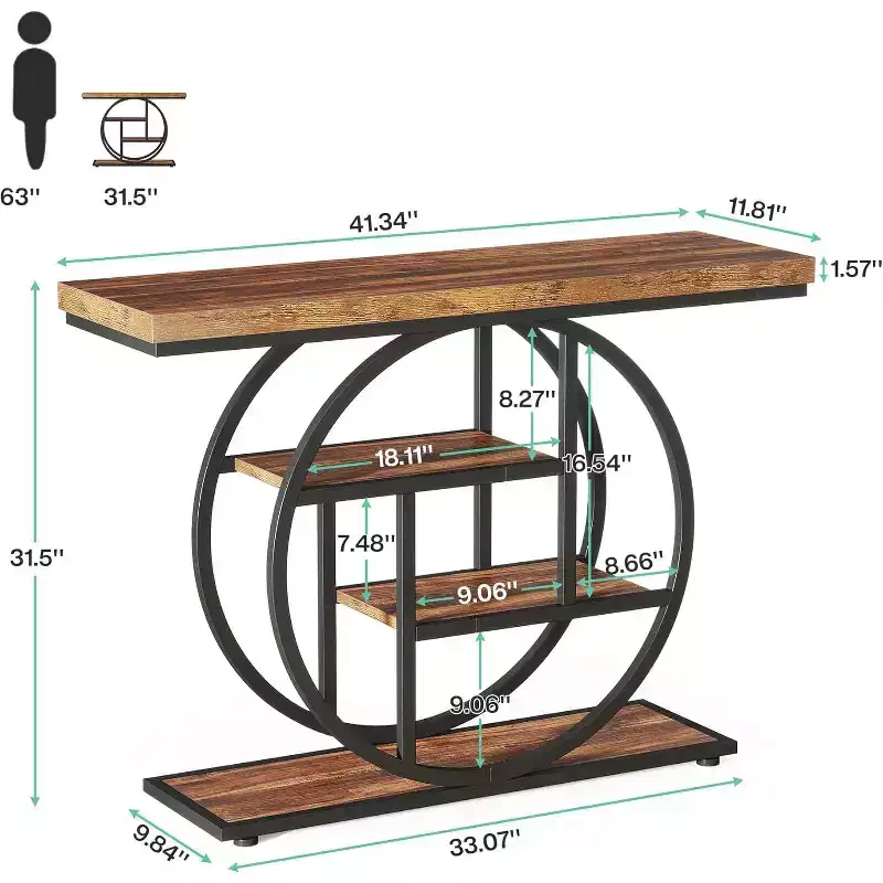 Industrial 4-Tier Wood End Table with Round Metal Frame - Rustic Brown