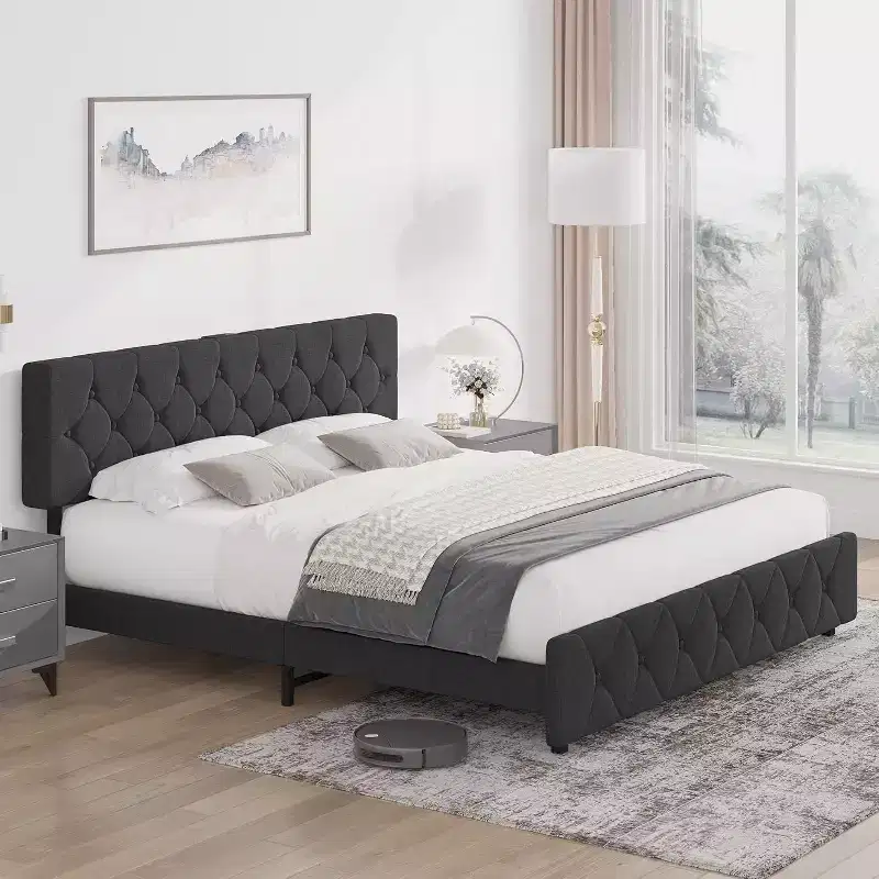 Full Size Upholstered Platform Bed Frame with Adjustable Headboard & USB Ports �C Light Gray
