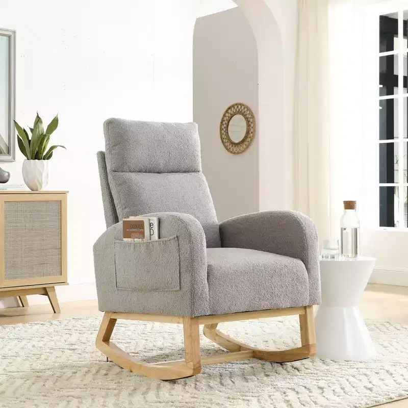 TUYOHW Modern Accent Chair with 2 Side Pockets & High Backrest Upholstered Rocking Chair with Wood Frame Lounge Chair for Living Room, Bedroom