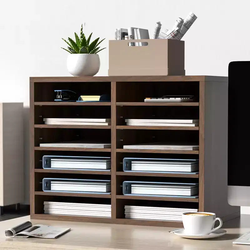 12-Compartment Wood Literature Organizer & Office Mailbox with Adjustable Shelves