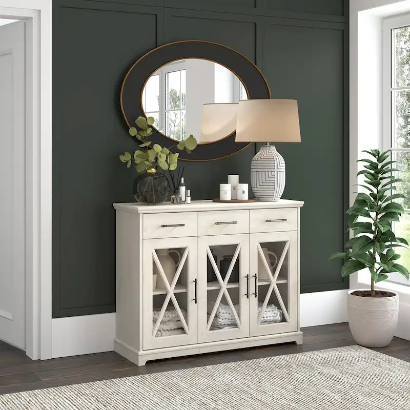 Farmhouse Sideboard Buffet Cabinet with Glass Doors & 3 Drawers 46 inch
