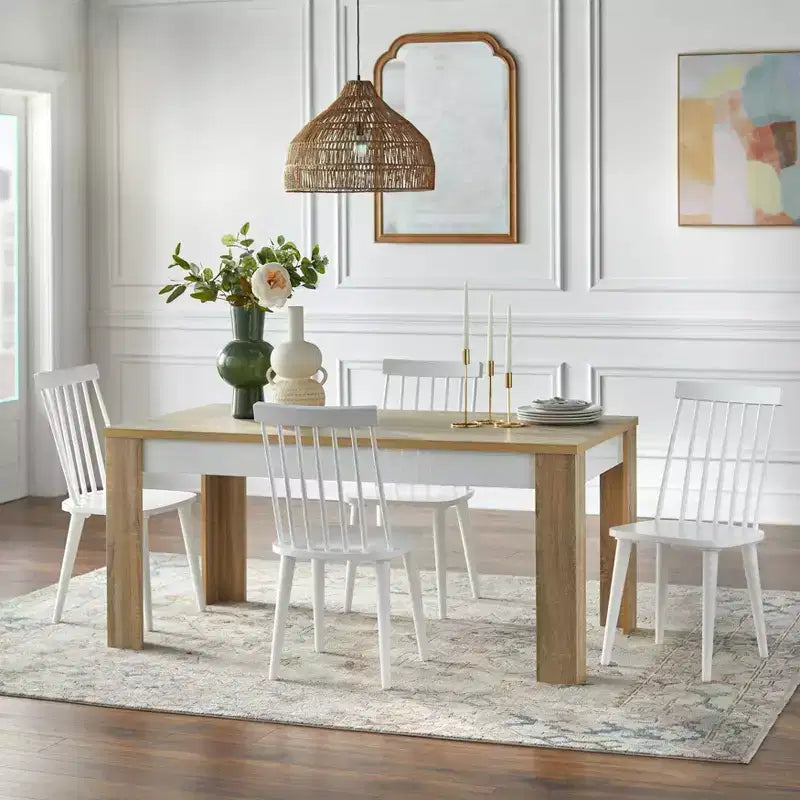 Buylateral 5pc Ericson Modern Dining Set Natural/White: Rectangle Table, 4 Spindle Back Chairs
