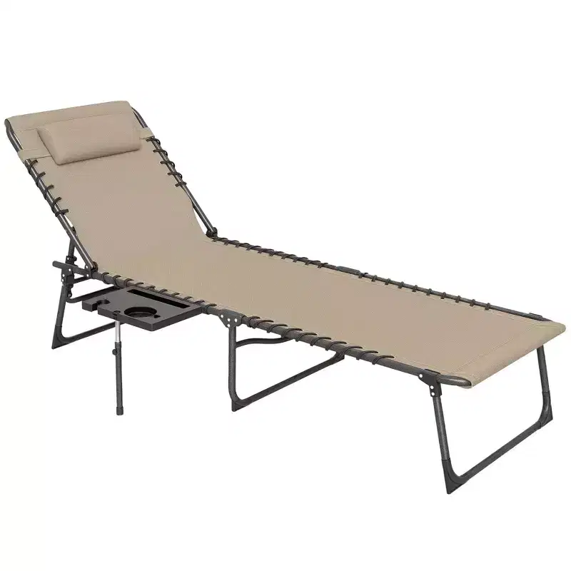 Outsunny Folding Chaise Lounge Chair Outdoor Tanning Chair with 5-Level Adjustable Back, Side Table, Pillow, Pocket for Yard, Beach, Pool