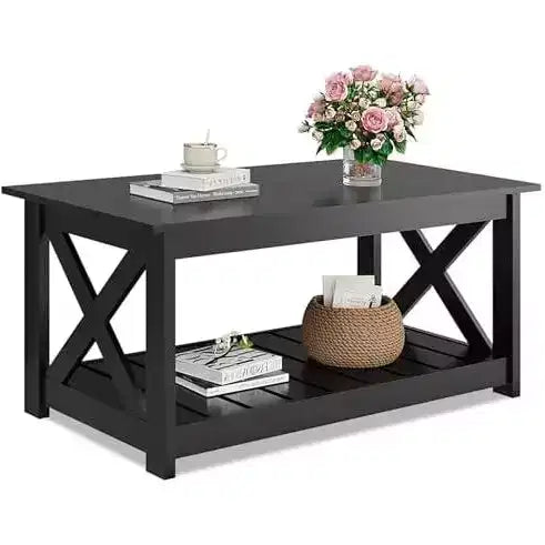 Farmhouse Coffee Table with X-Frame and Storage Shelf, 40.1