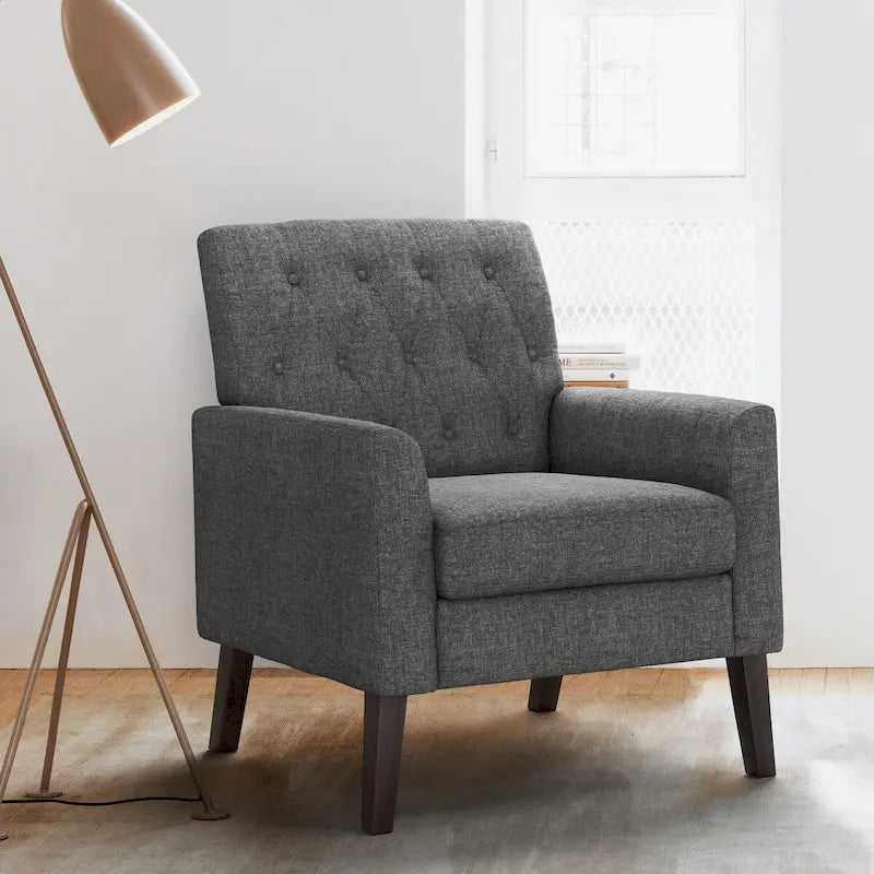 LUE BONA Linen and Walnut Legs Mid Century Modern Button Tufted Accent Chair - 29.53 H X 30 W X 33.07 D