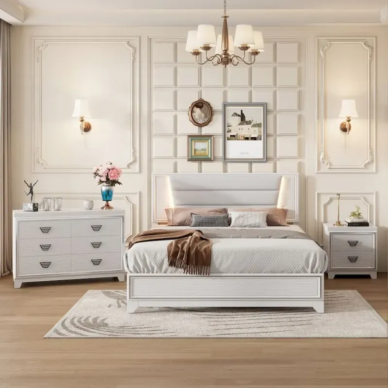 3-Pieces Bedroom Sets Queen Size Upholstered Bed