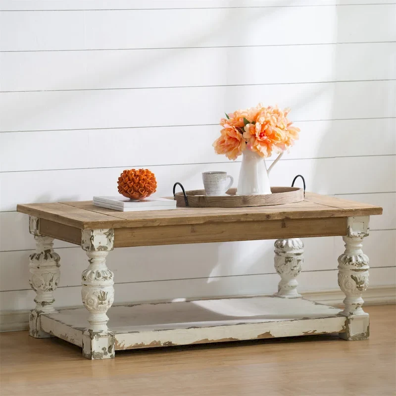 Rectangle Antique White Washed Wooden Coffee Table