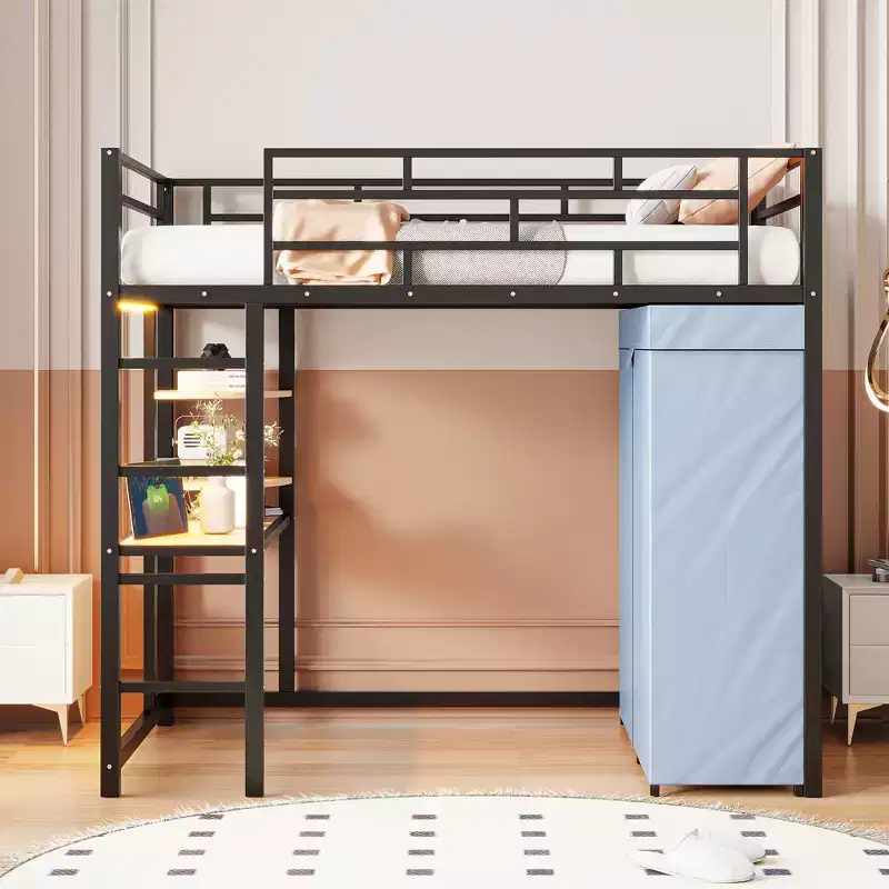 Metal Loft Bed with Built-In Desk, Shelves, Power Outlet, LED Light & Fabric Wardrobe 鈥?Twin/Full