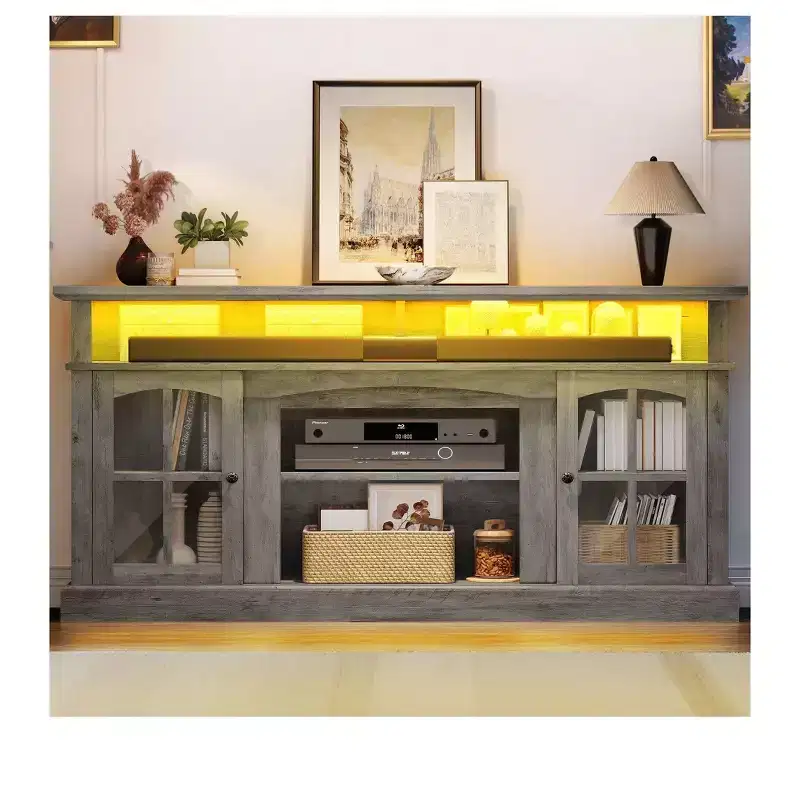 Grey Farmhouse TV Stand with RGB LED & Glass Doors, Fits up to 70 TV, 1-Piece