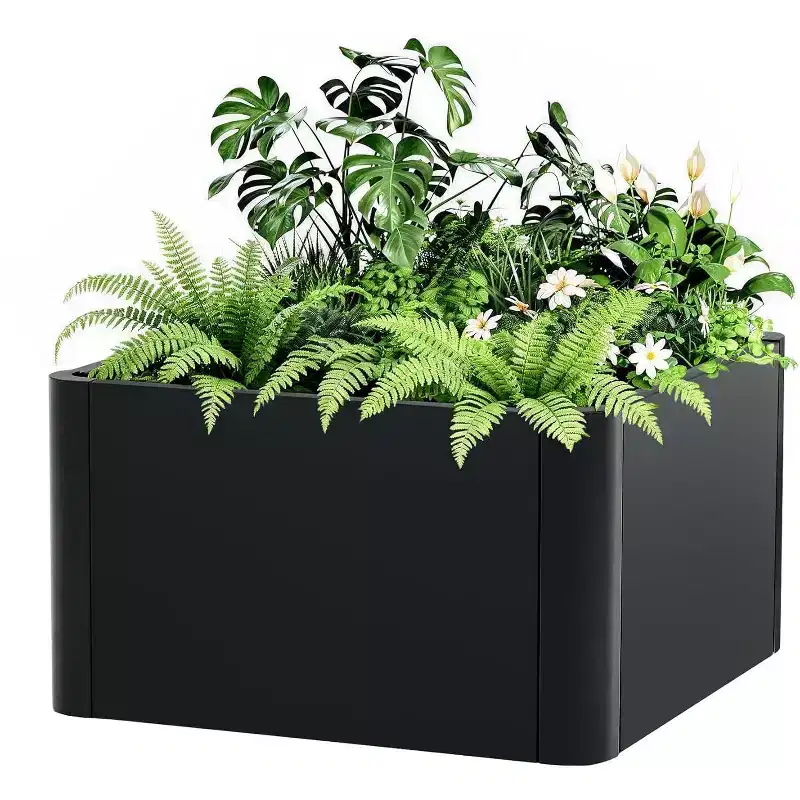 Metal Planter Box with Drainage Holes & Rounded Corners, Modern Heavy Duty Steel Raised Garden Bed, Complete Snap-On Kit for Patio