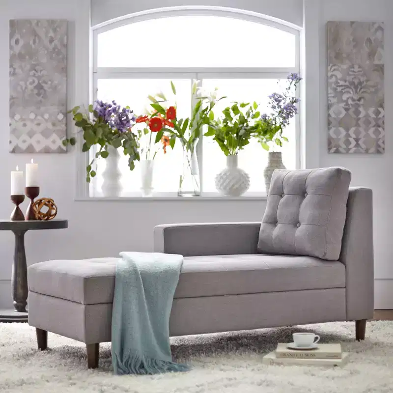 Storage Chaise �C Tufted Linen Upholstered Lounge with Hidden Storage