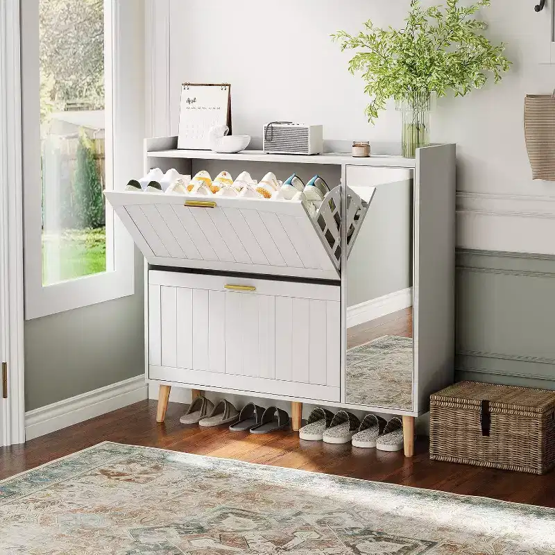 Modern White Shoe Cabinet with Mirror, 2 Flip Drawers & Side Storage, Freestanding Organizer with Adjustable Shelves for Hallway, Bedroom,Living Room