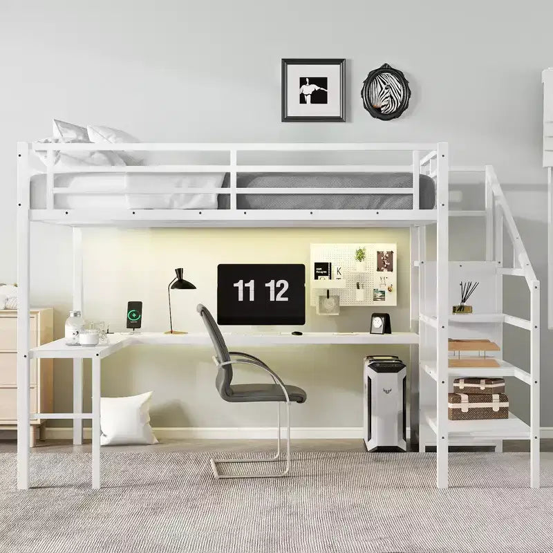 Bellemave Metal Loft Bed with L-Shaped Desk, Wardrobe & Adjustable Storage, USB & LED Lights, High Loft Bed for Kids, Teens & Adults, White