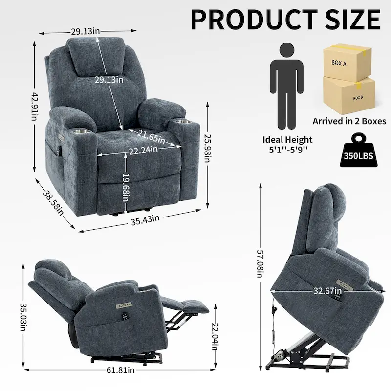 motor Up to 350 LBS Chenille Power Lift Recliner Chair, Heavy Duty Motion Mechanism with 8-Point Vibration Massage and Lumb
