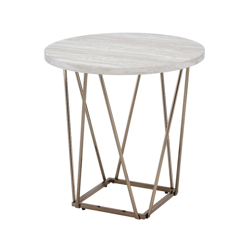 Off White/Champagne Round Faux Marble End Table, 1-Person