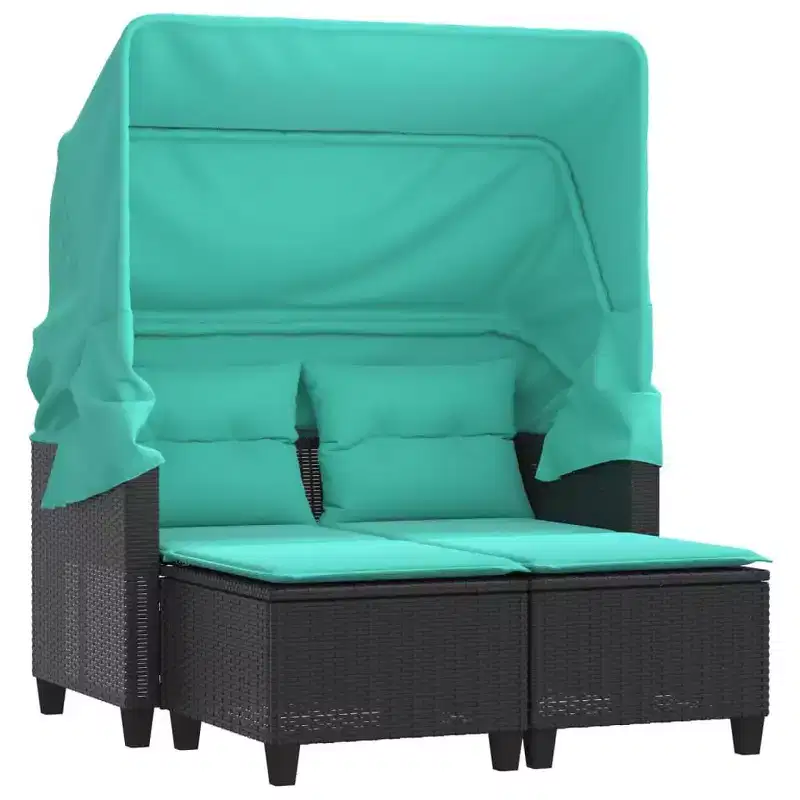 vidaXL 2-Seater Patio Loveseat with Retractable Canopy & Stools - Black Poly Rattan, Weather-Resistant, Washable Cushions