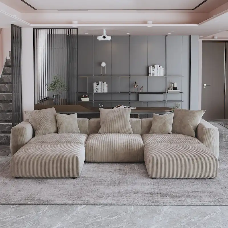 141.73 Modular Sectional Sofa, Corduroy U Shaped Sofa Couch with Ottomans