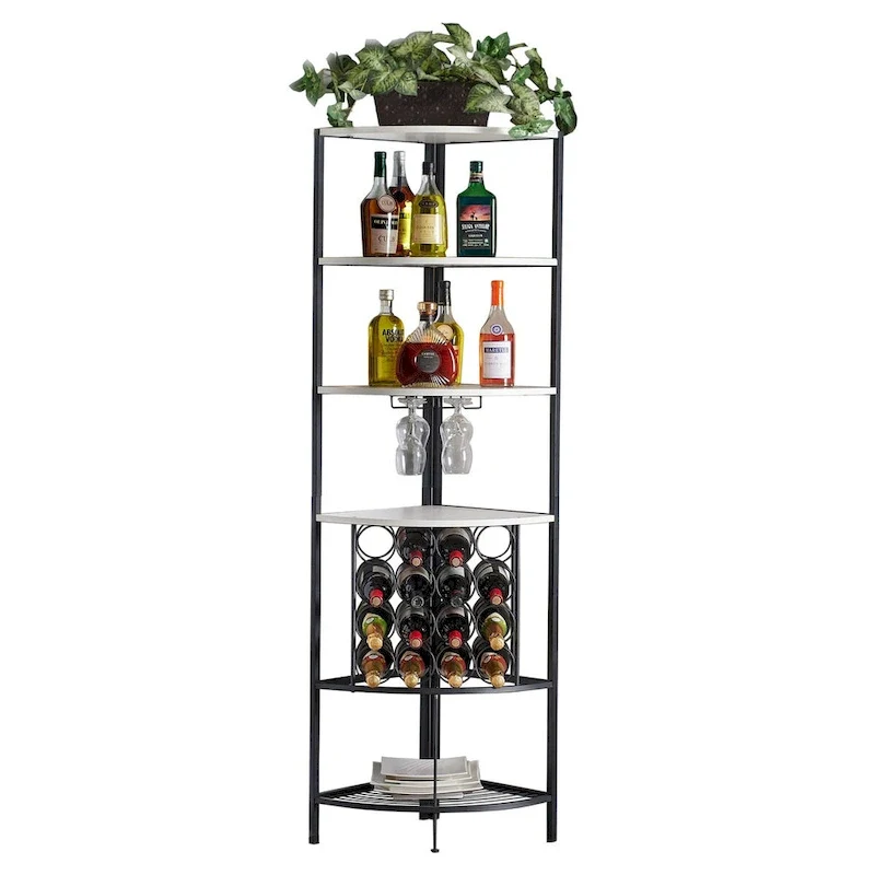 Corner Wine Rack with 4 Wood Shelves, 2 Stemware Racks and Wire Wine Rack