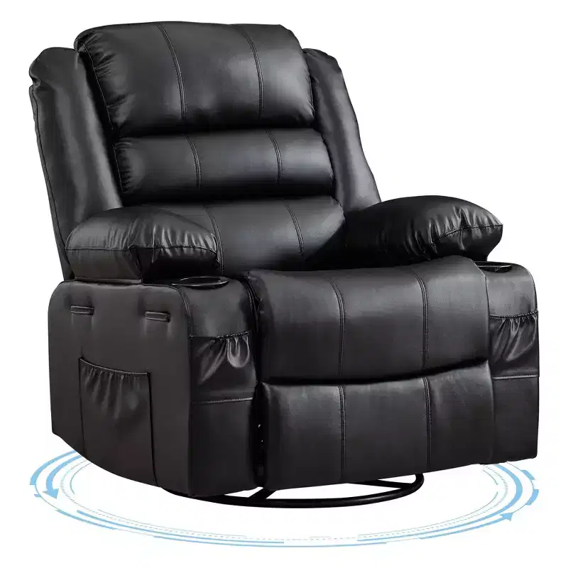 360 Swivel Rocker Recliner Chair for Adults, Wide PU Leather Nursery Glider with Cup Holder, Comfy Deep Seat Single Sofa for Living Room