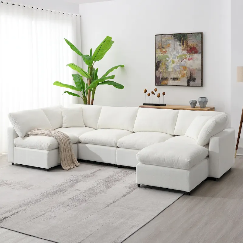 Beige 130 Chenille U-Shaped Sleeper Sectional Sofa, 6-Piece Modular Design