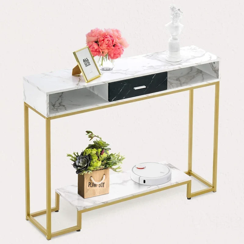 Console Table with Drawers, Marble and Gold Legs