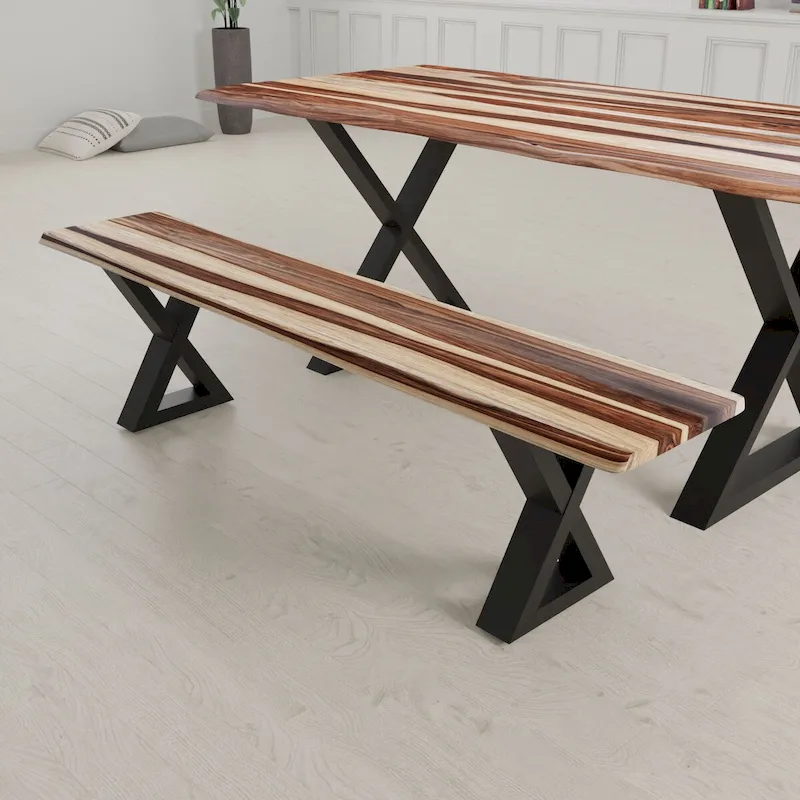 Solid Wood Slab Bench with Black Powder-Coated X Legs