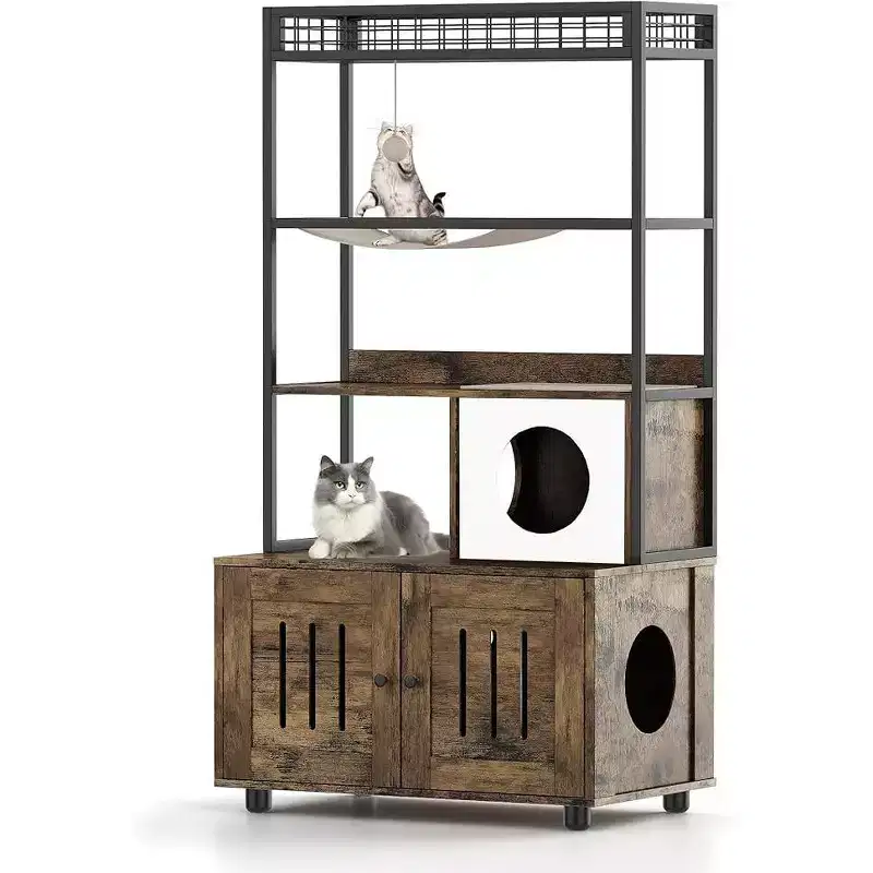 Cat Litter Box Enclosures with Storage Rack, Enclosed Litter Box Furniture, Hammock, Sisal Balls and Cat Scratching Mat