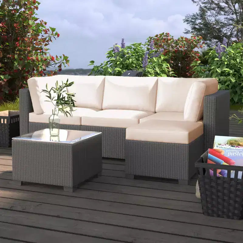 5-Piece Outdoor Patio Rattan Wicker Sofa Set, Pe Rattan Conversation Sectional with Thickened Back Cushion, Glass Tabletop, Ottoman, Beige
