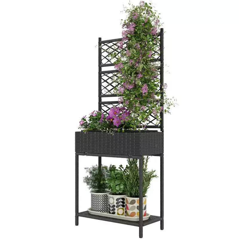 Outdoor Wicker Planter with Trellis for Climbing Plants, Freestanding Rattan Garden Box with Storage Shelf