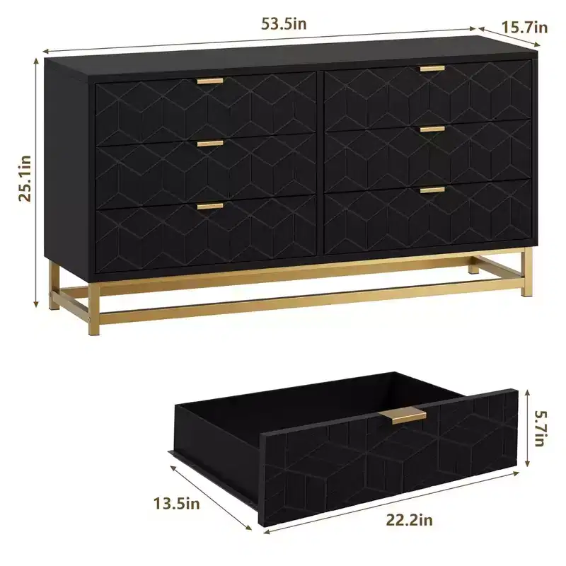 6-Drawer Double Dresser with Gold Handles and Extended Top Surface