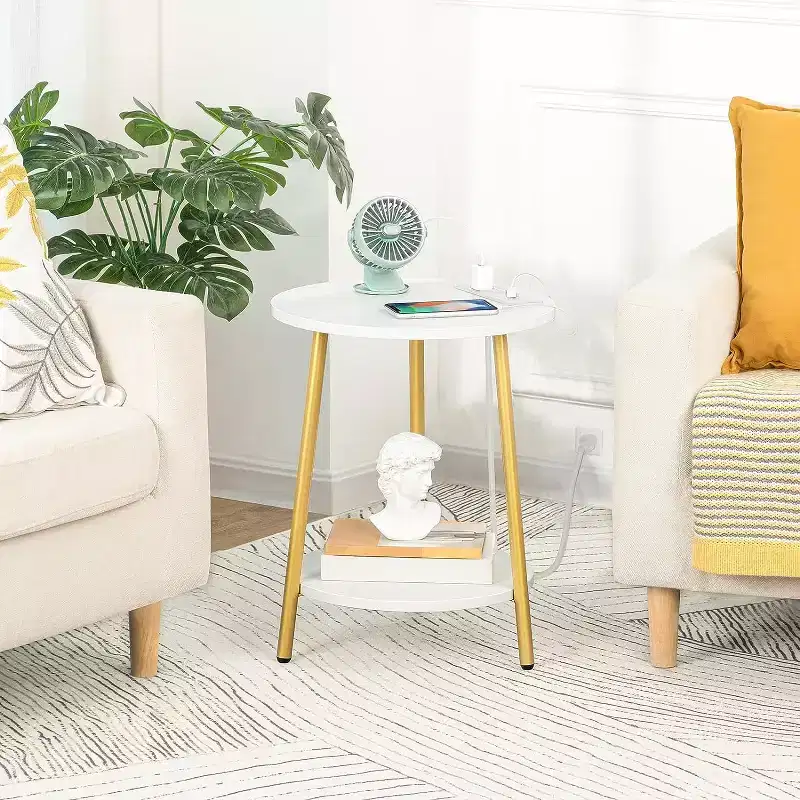 ACOINEL 2-Tier Round End Table with Charging Station, Modern White & Gold Side Table, Small Nightstand with 2 AC Outlets/2 USB Ports